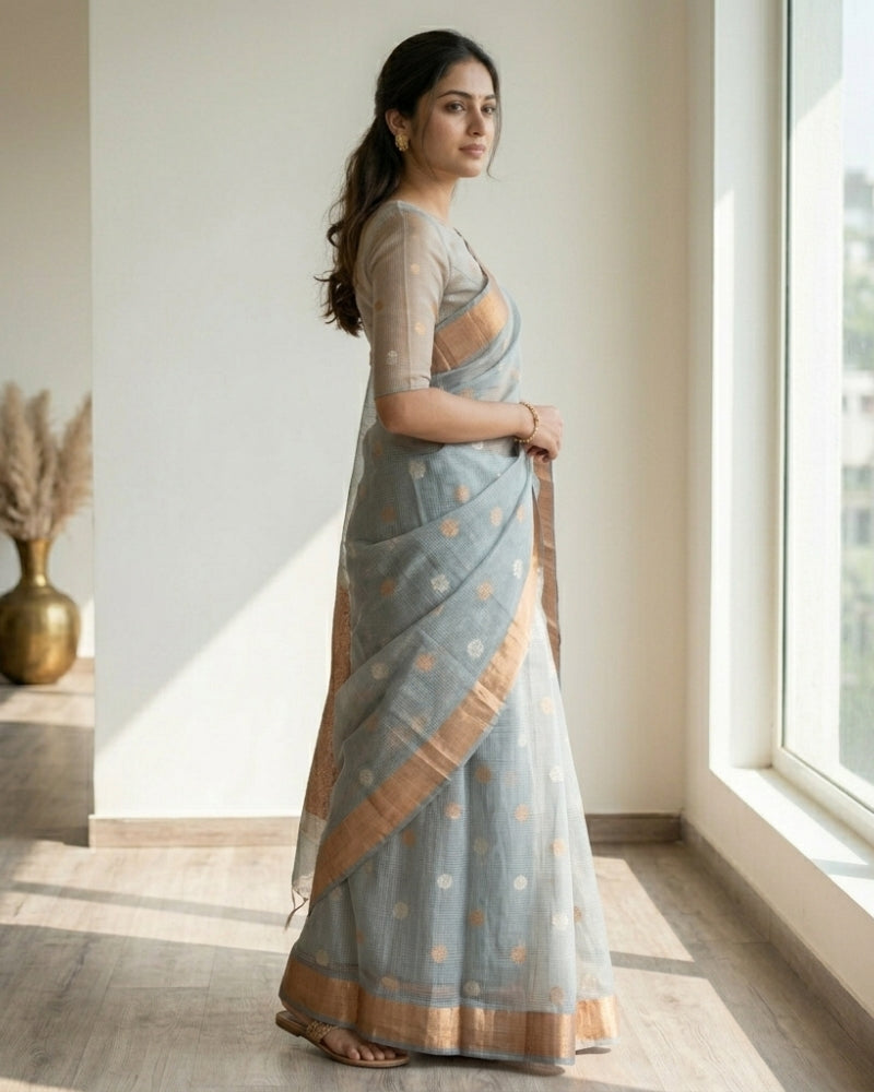 Grey Kota Doria Tissue Saree with Zari Border