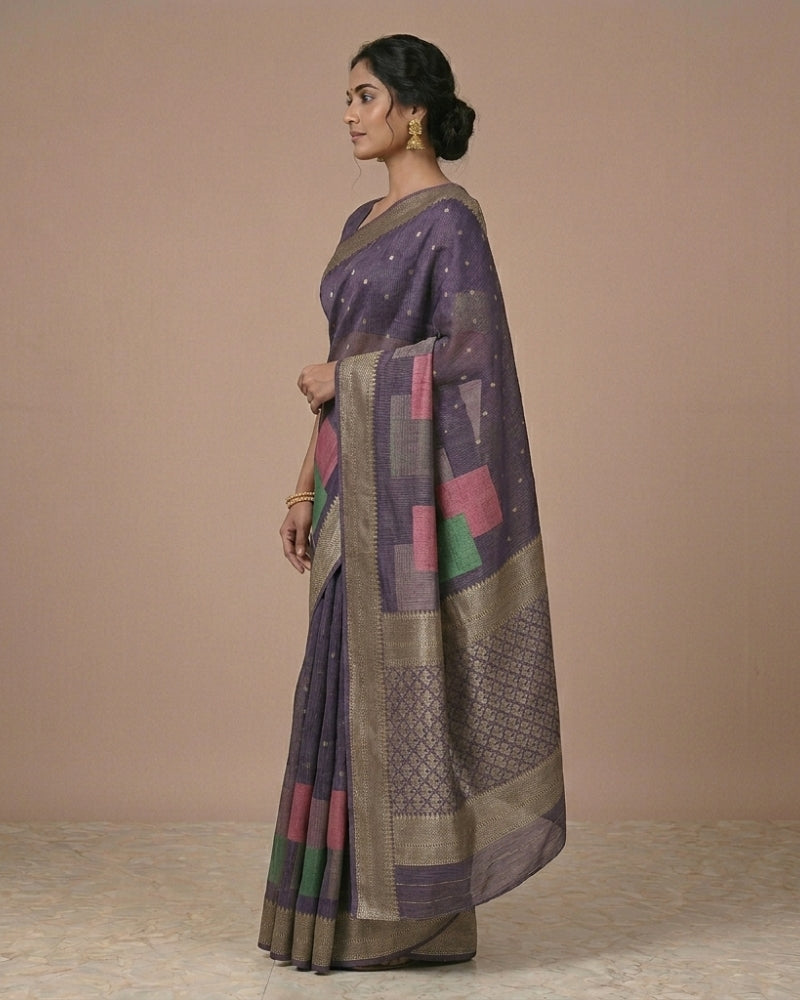 Elegant Purple Kota Tissue Powerloom Saree with Zari Border & Contemporary Pallu Design