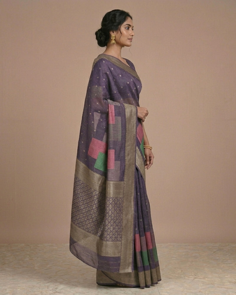 Elegant Purple Kota Tissue Powerloom Saree with Zari Border & Contemporary Pallu Design