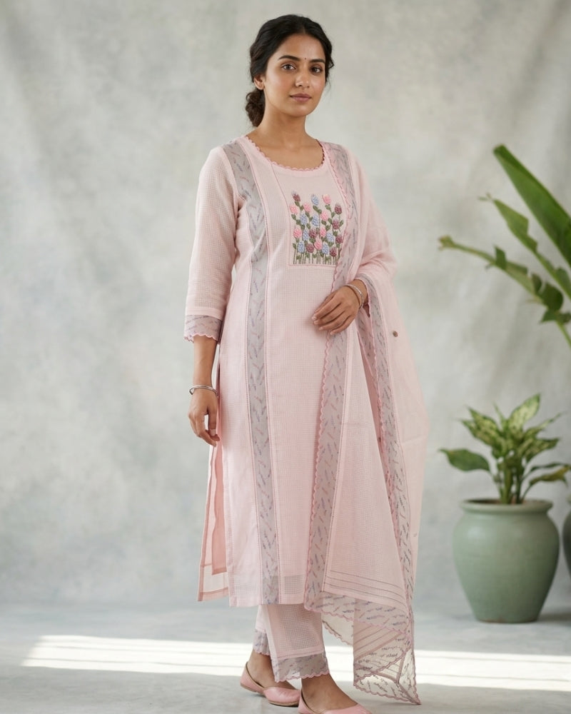 Soft Pink Kota Doria Embroidered Dress Material with Dupatta (3 Piece Set)