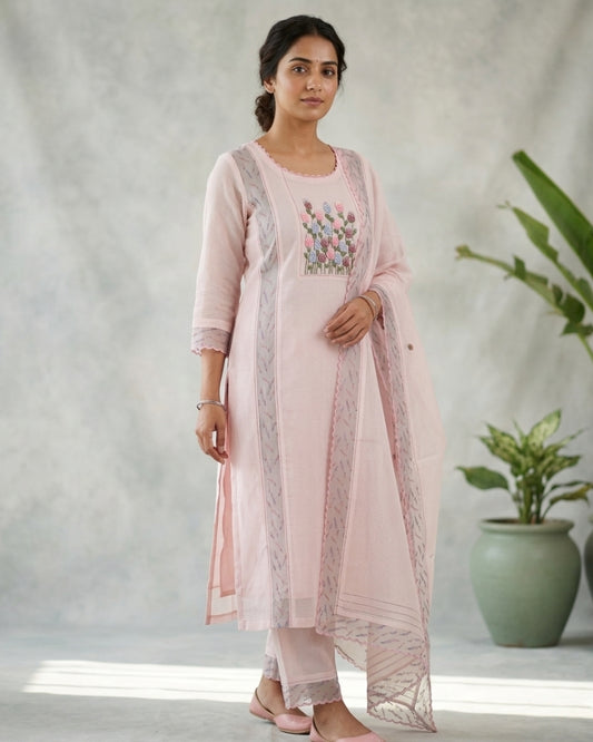 Soft Pink Kota Doria Embroidered Dress Material with Dupatta (3 Piece Set)