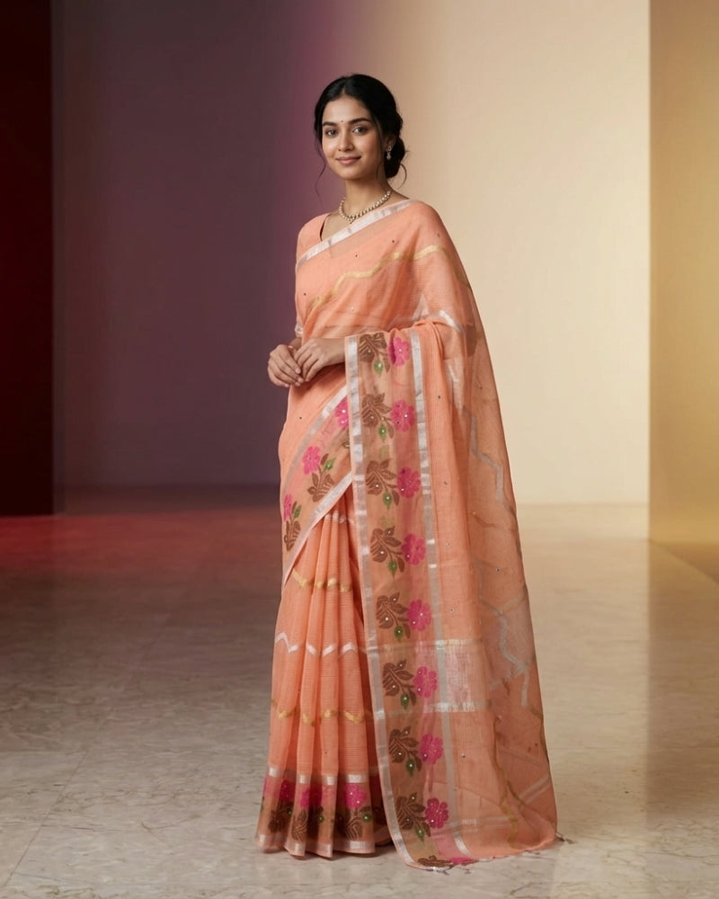 Pure Cotton Kota Doria Mirror Work Saree with Handwoven Floral Border – Peach