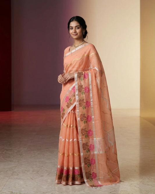Pure Cotton Kota Doria Mirror Work Saree with Handwoven Floral Border – Peach
