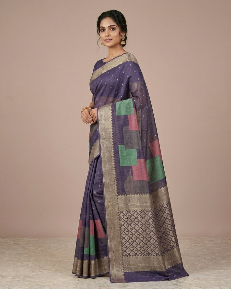 Elegant Purple Kota Tissue Powerloom Saree with Zari Border & Contemporary Pallu Design