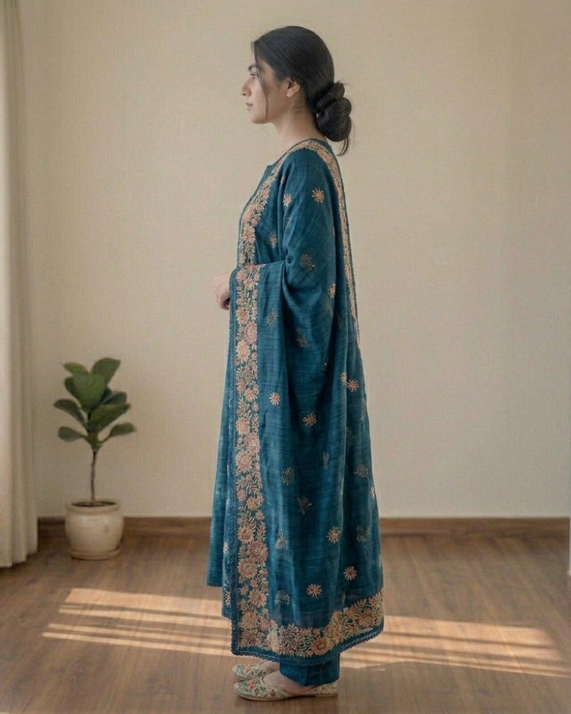 Premium Cotton Kota Doria Embroidered Dress Material – Teal Blue Floral Design with Dupatta