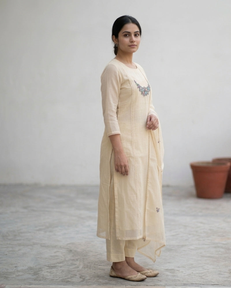 Elegant Cream Kota Doria Embroidered Dress Material with Dupatta (3 Piece Set)