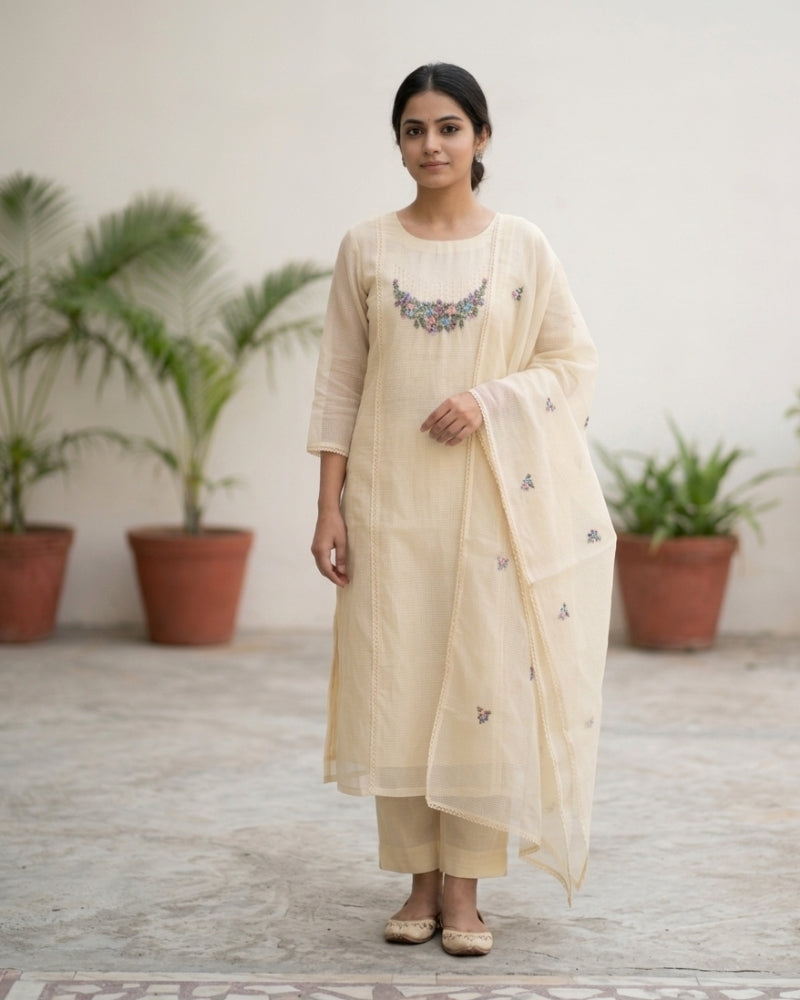 Elegant Cream Kota Doria Embroidered Dress Material with Dupatta (3 Piece Set)