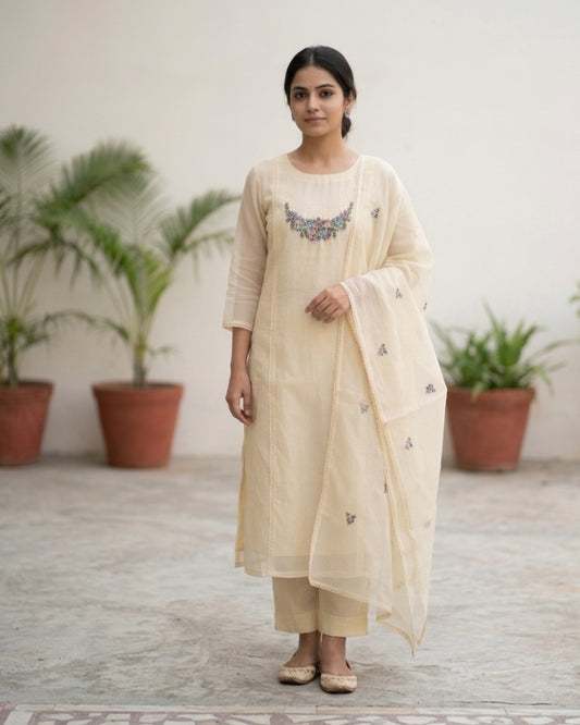 Elegant Cream Kota Doria Embroidered Dress Material with Dupatta (3 Piece Set)