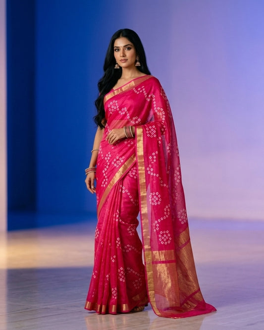 Pure Silk Kota Saree with Bandhani Design & Zari Border – Elegant Traditional Wear