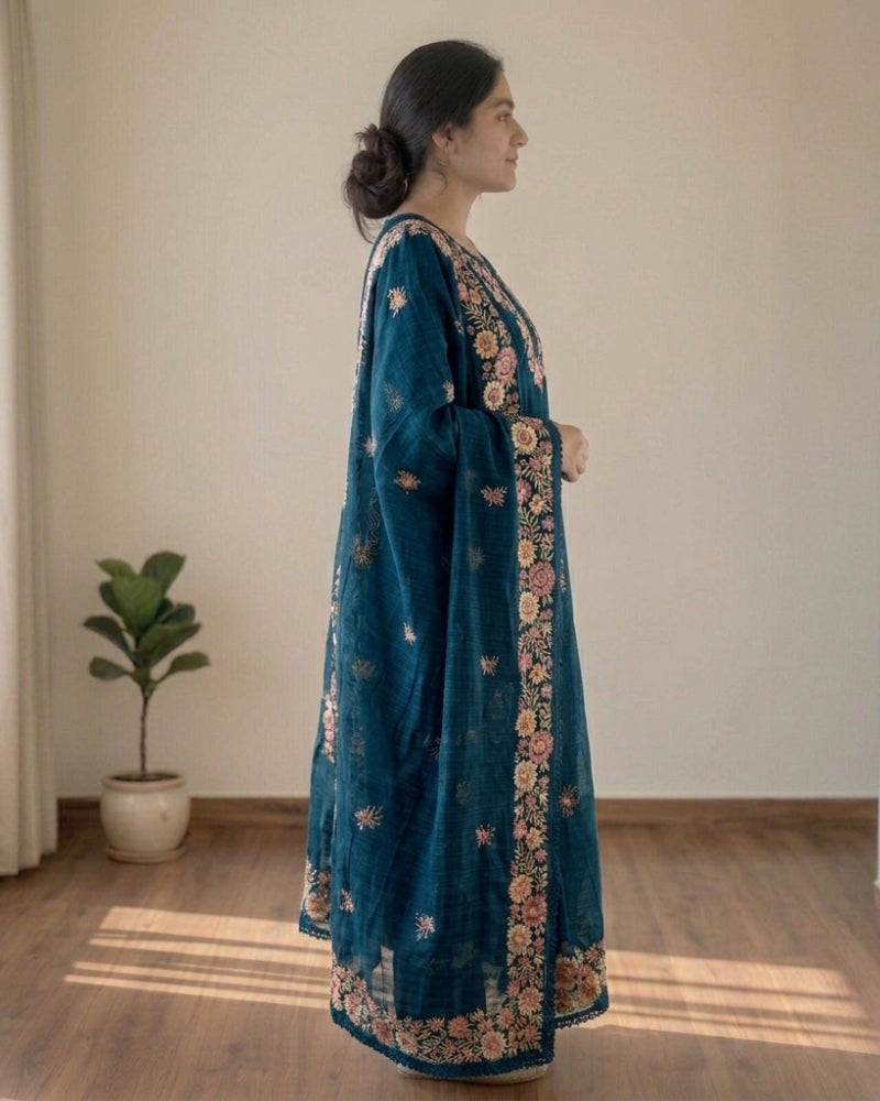 Premium Cotton Kota Doria Embroidered Dress Material – Teal Blue Floral Design with Dupatta