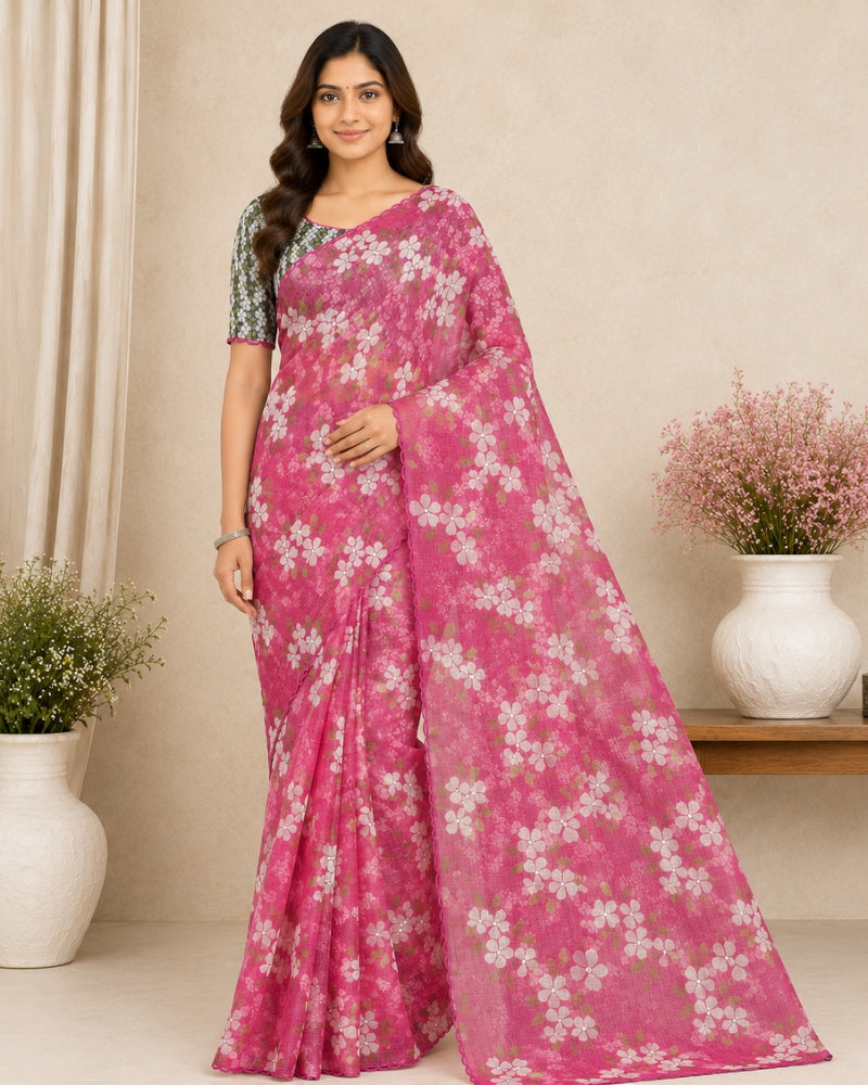 Soft Silk Kota Digital Print Mirror Work Saree with Running Blouse | Elegant Party Wear Saree