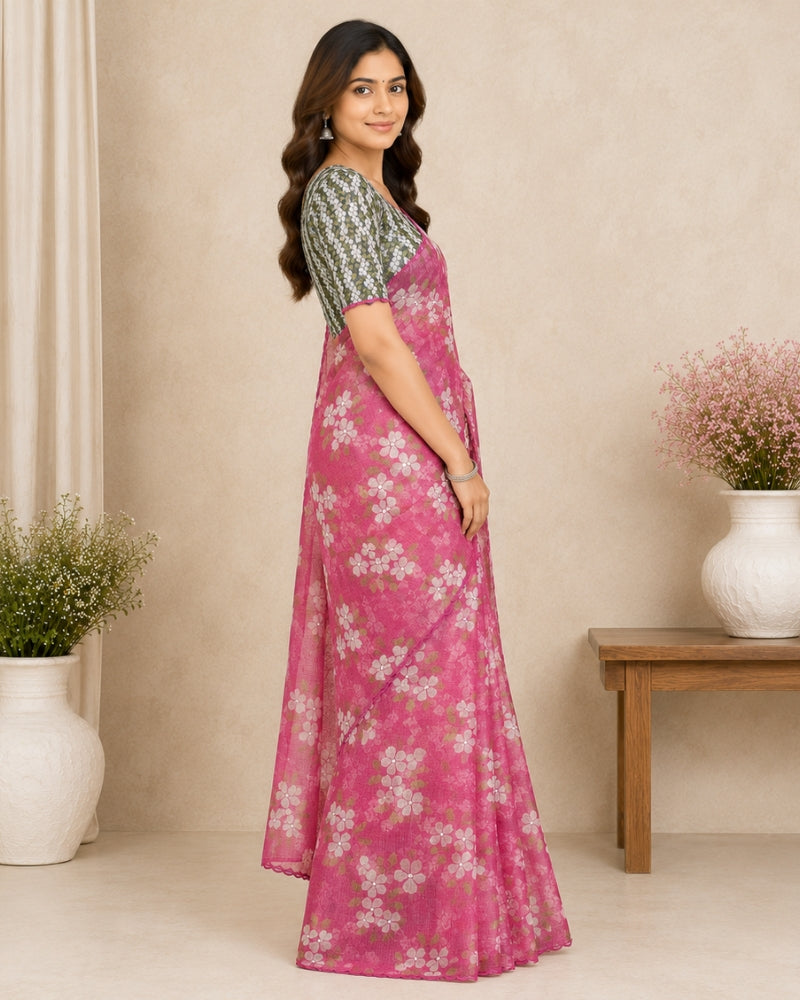 Soft Silk Kota Digital Print Mirror Work Saree with Running Blouse | Elegant Party Wear Saree