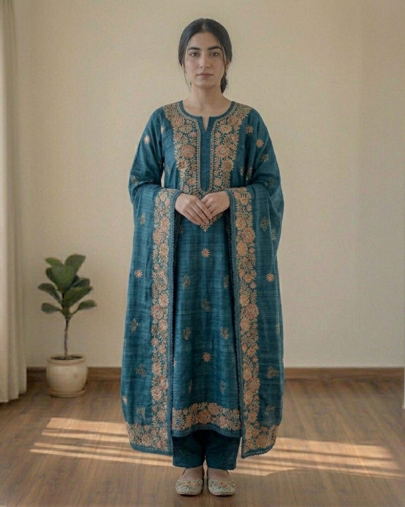 Premium Cotton Kota Doria Embroidered Dress Material – Teal Blue Floral Design with Dupatta