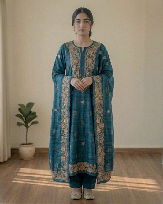 Premium Cotton Kota Doria Embroidered Dress Material – Teal Blue Floral Design with Dupatta