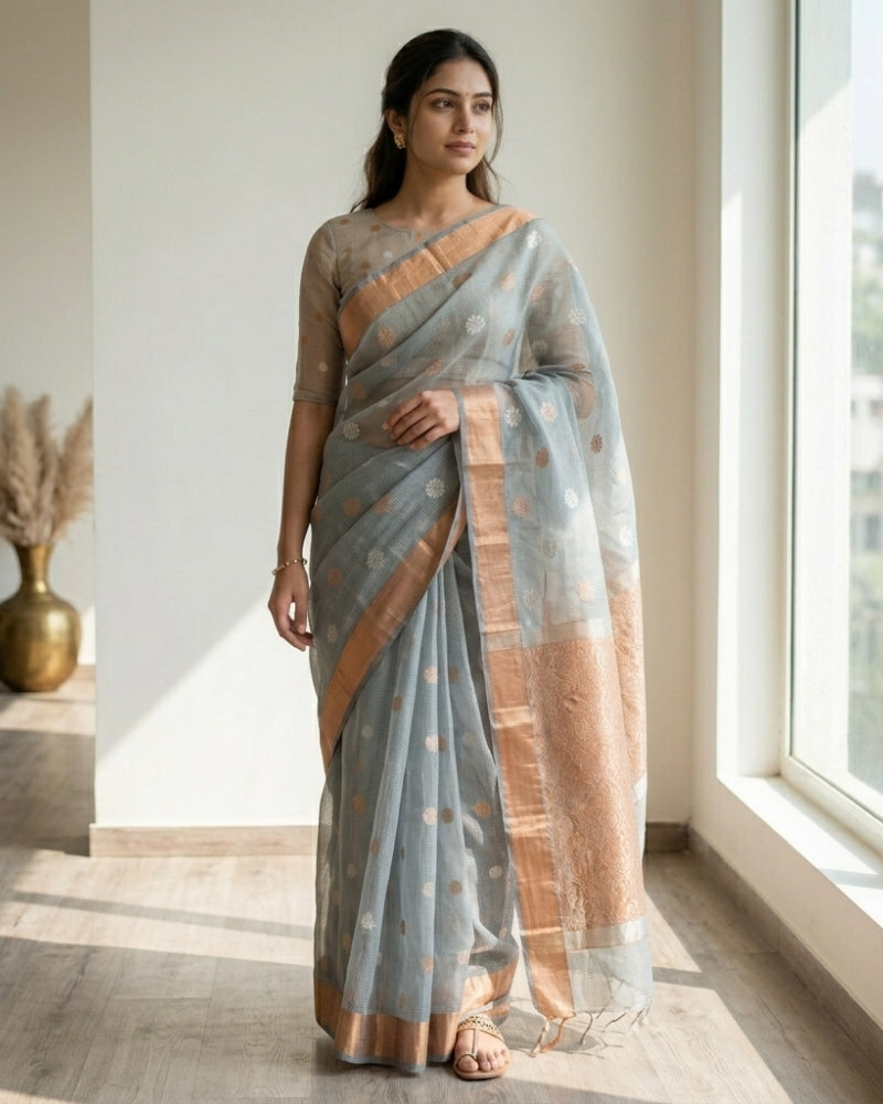 Grey Kota Doria Tissue Saree with Zari Border