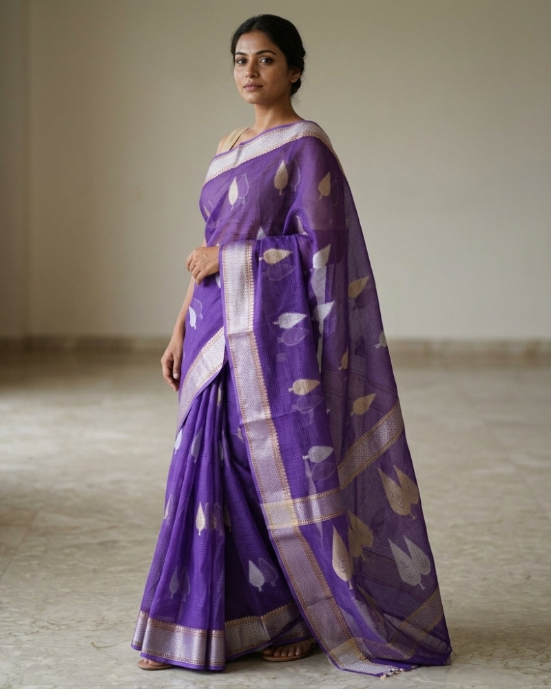 Pure Cotton Kota Weaving Saree with Elegant Zari Border – Purple