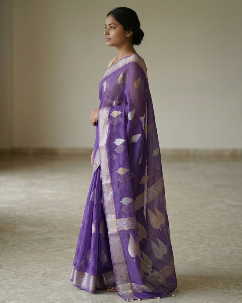 Pure Cotton Kota Weaving Saree with Elegant Zari Border – Purple