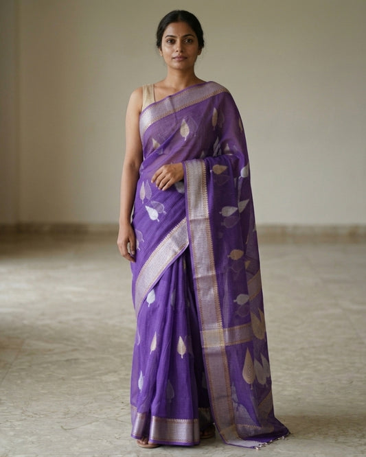 Pure Cotton Kota Weaving Saree with Elegant Zari Border – Purple