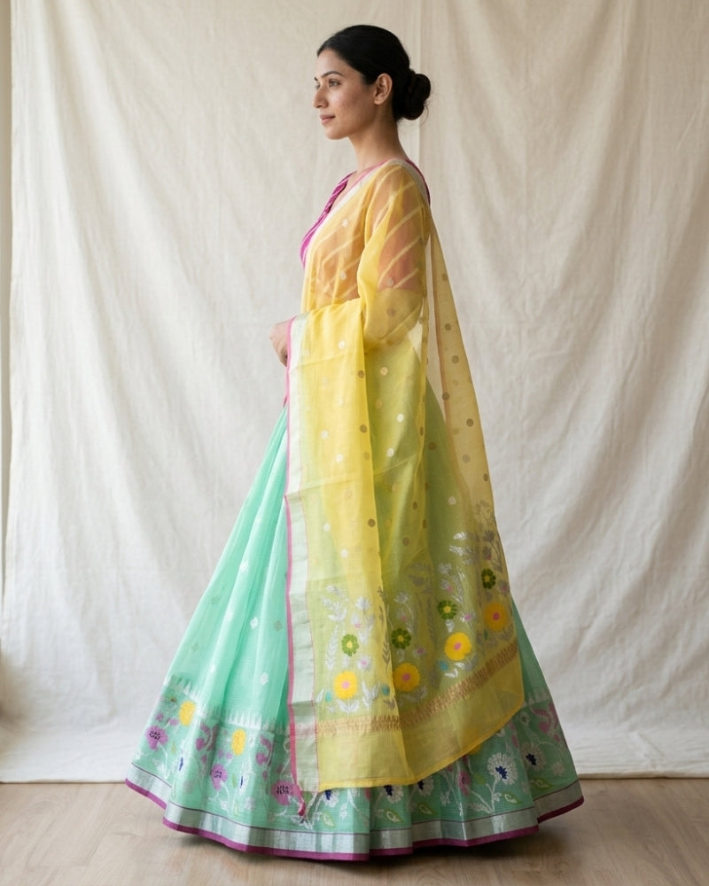 Yellow & Mehendi Green Kota Doria Saree with Floral Border