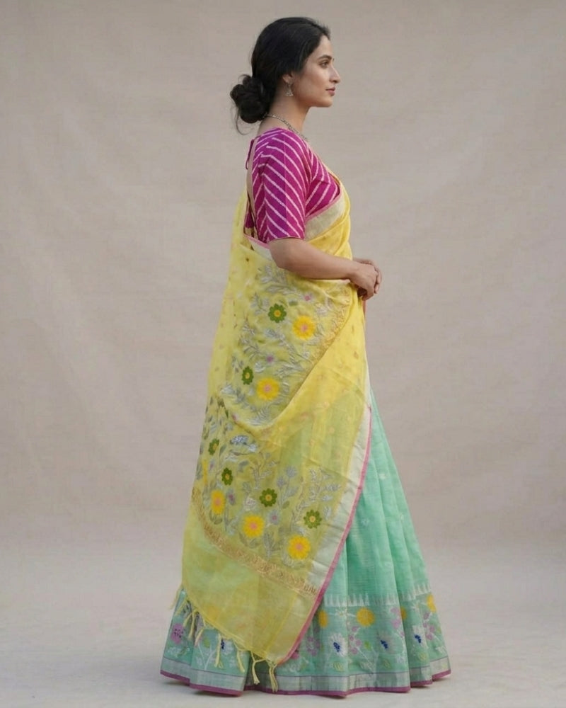 Yellow & Mehendi Green Kota Doria Saree with Floral Border
