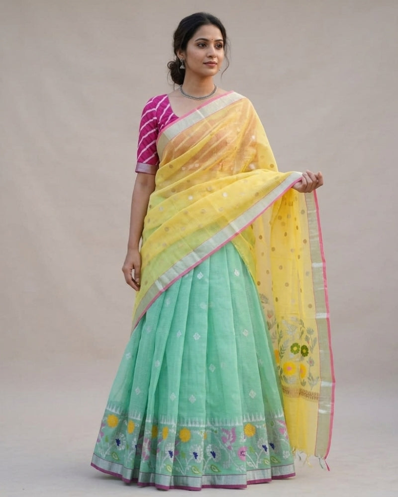 Yellow & Mehendi Green Kota Doria Saree with Floral Border
