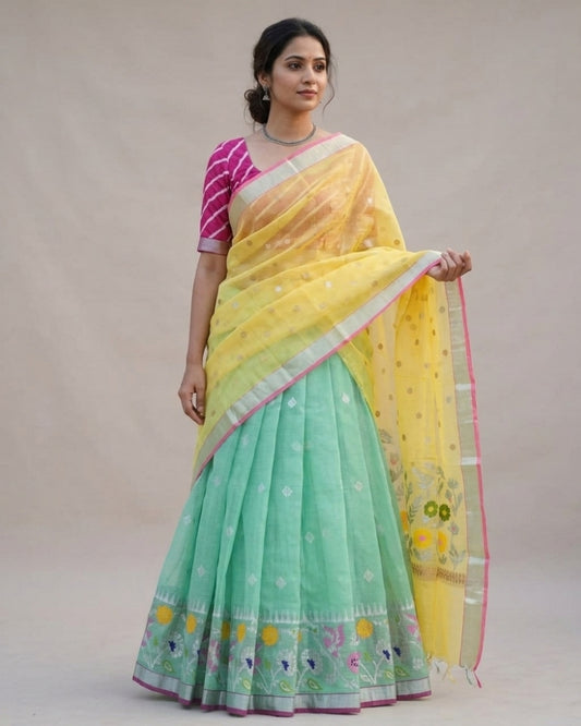 Yellow & Mehendi Green Kota Doria Saree with Floral Border