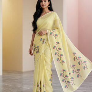 Home elegant lemon yellow kota cotton embroidered saree with blouse piece